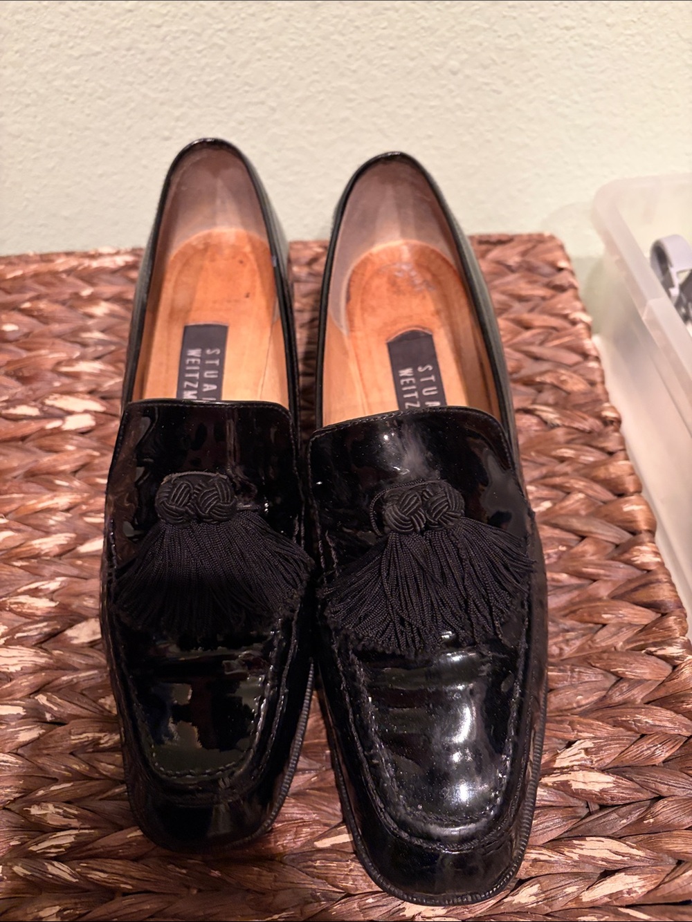 Stuart Weitzman Black Patent Tassel Slip-On Loafers